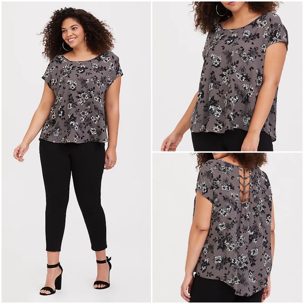 Torrid Grey Floral Cage-Back Georgette Top, 18/20